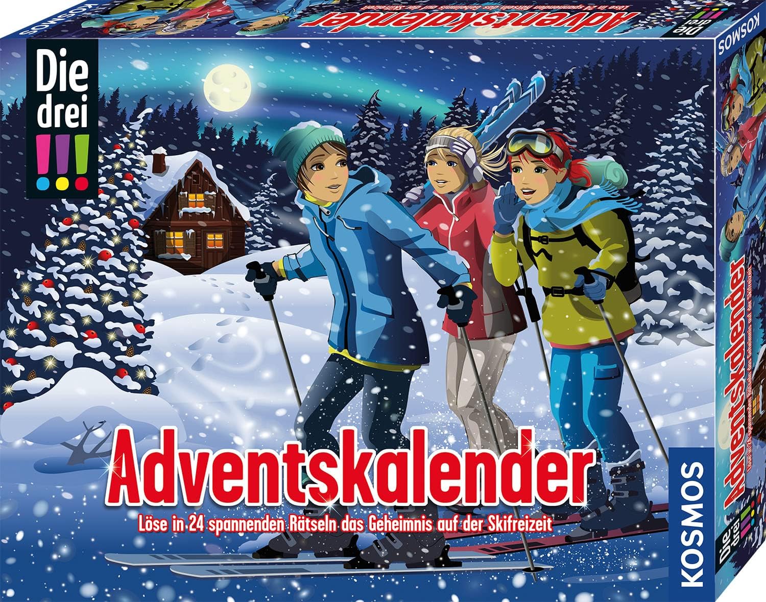 KOSMOS 632502 Die drei !!! Adventskalender 2023, Löse das Rätsel um das Geheimnis auf der Ski-Freizeit, mit 24 Detektiv-Gimmicks