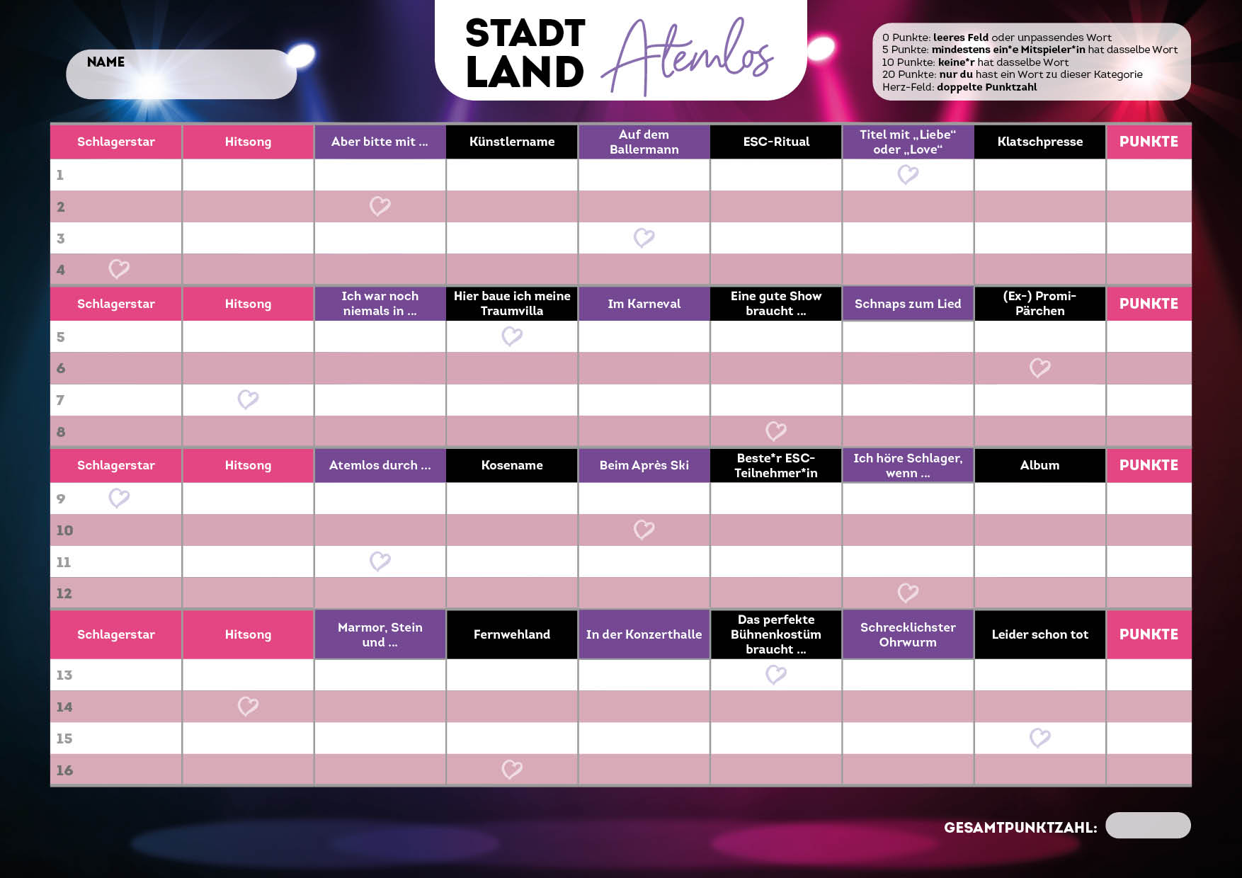 Stadt, Land, Atemlos (Schlager Edition) – Der Spieleklassiker für alle Fans von ESC und Schlager – von Helene Fischer über Udo Jürgens bis Beatrice Egli Stadt, Land, Atemlos (Schlager Edition) – Der Spieleklassiker für alle Fans von ESC und Schlager – von Helene Fischer über Udo Jürgens bis Beatrice Egli