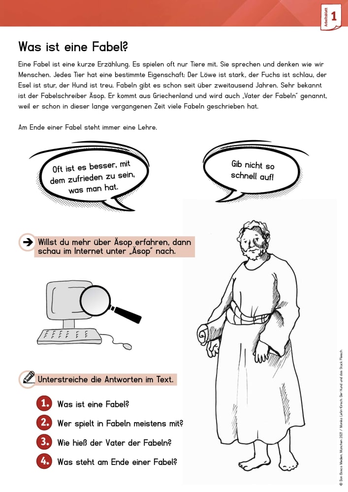 Arbeitsmaterial Grundschule. Fabeln für den Deutschunterricht: Der Hund und das Stück Fleisch