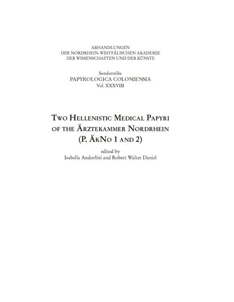 Two Hellenistic Medical Papyri of the Ärztekammer Nordrhein
