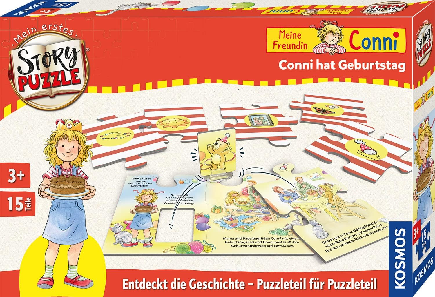 KOSMOS 683481 Mein erstes Story Puzzle Meine Freundin Conni, Conni hat Geburtstag, interaktives Puzzle, Mitmach-Geschichte, 15 g
