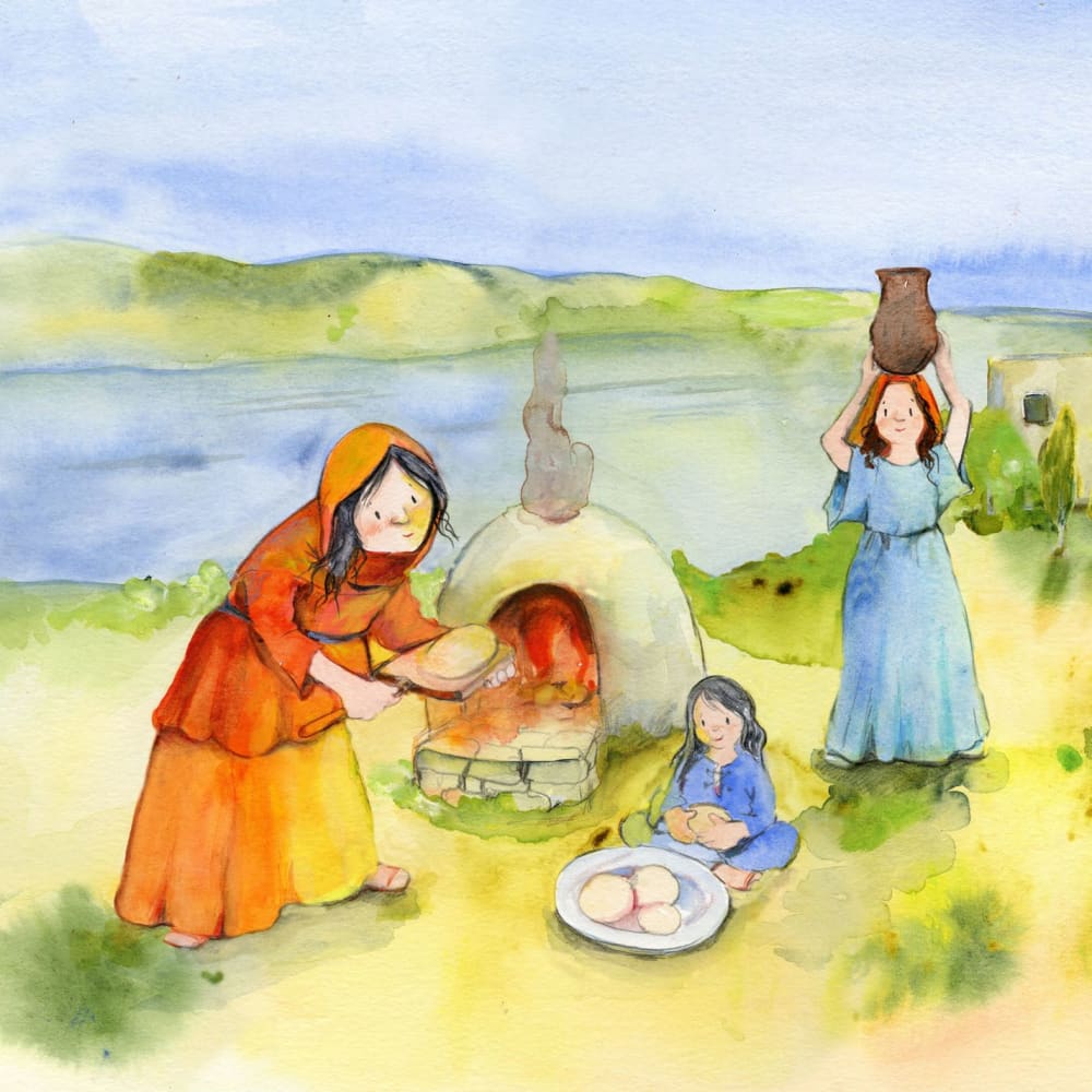 Jesus erzählt vom Reich Gottes. Vier Gleichnisse: Vom Sämann. Von der selbstwachsenden Saat. Vom Senfkorn. Vom Sauerteig. Mini-Bilderbuch.