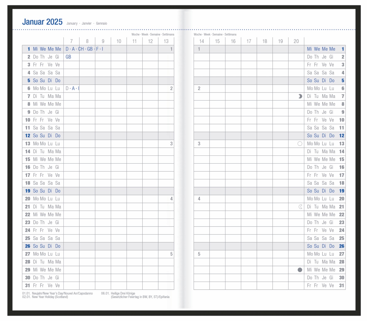 Monats-Taschenkalender, schwarz 2025