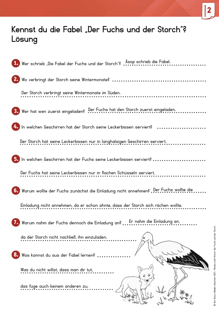 Arbeitsmaterial Grundschule. Fabeln für den Deutschunterricht: Der Fuchs und der Storch