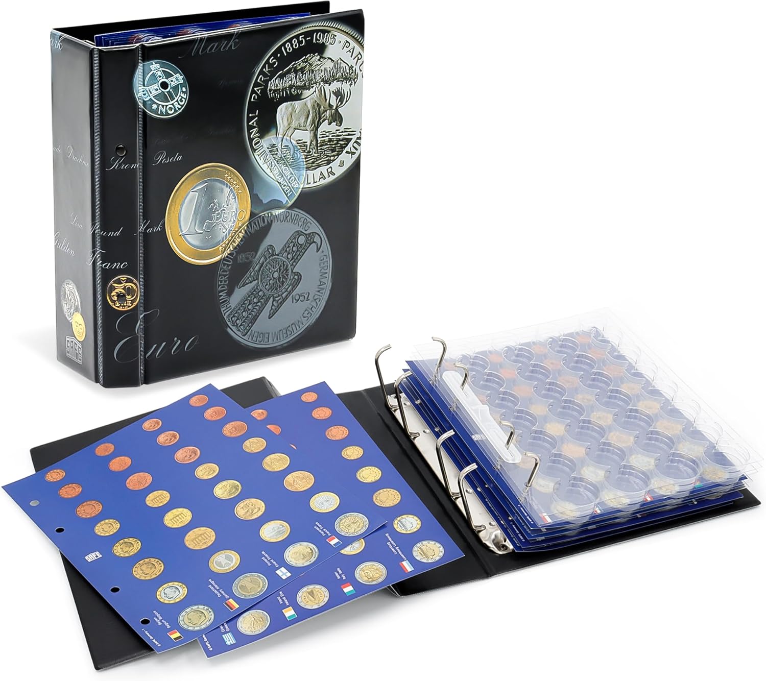 SAFE 7317 Münzalbum Sammelalbum für Münzen in Kapseln | Euro Münzen aufbewahren | Euromünzen Sammelalbum mit 6 Blatt für 24 Euro