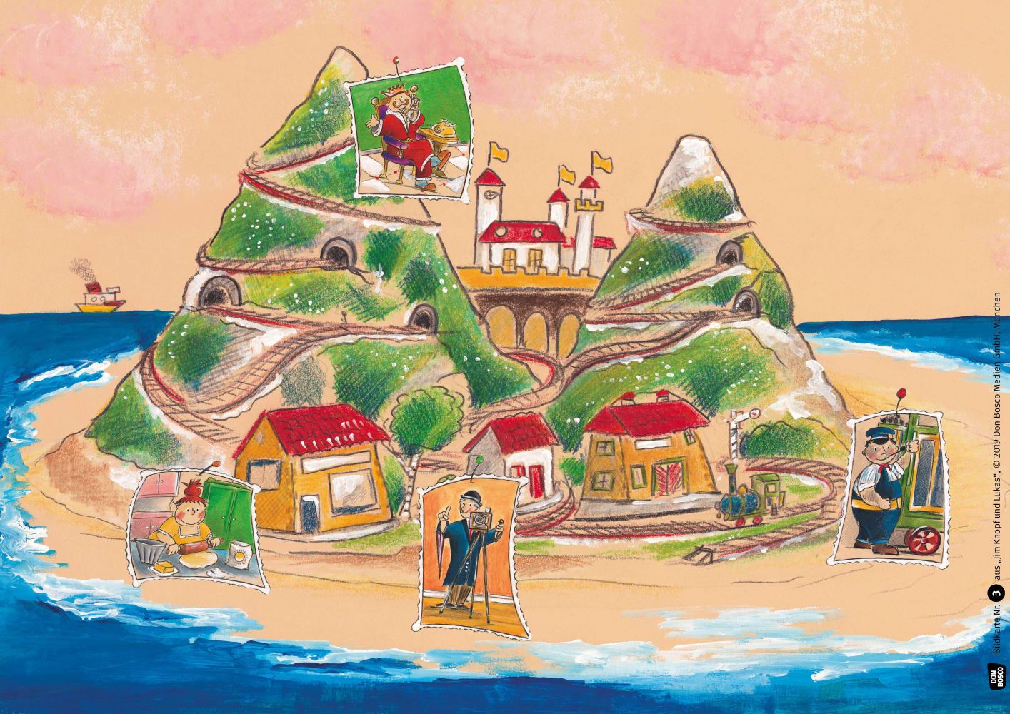 Jim Knopf und Lukas der Lokomotivführer machen einen Ausflug. Kamishibai Bildkartenset.